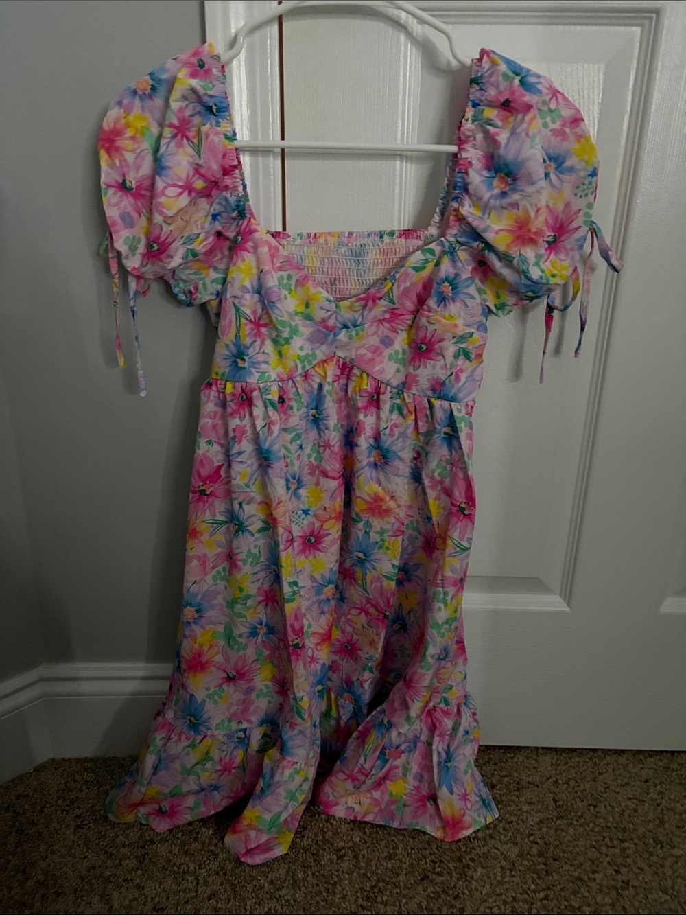 Girls' Floral Puff-Sleeve Dress - Pink Multi